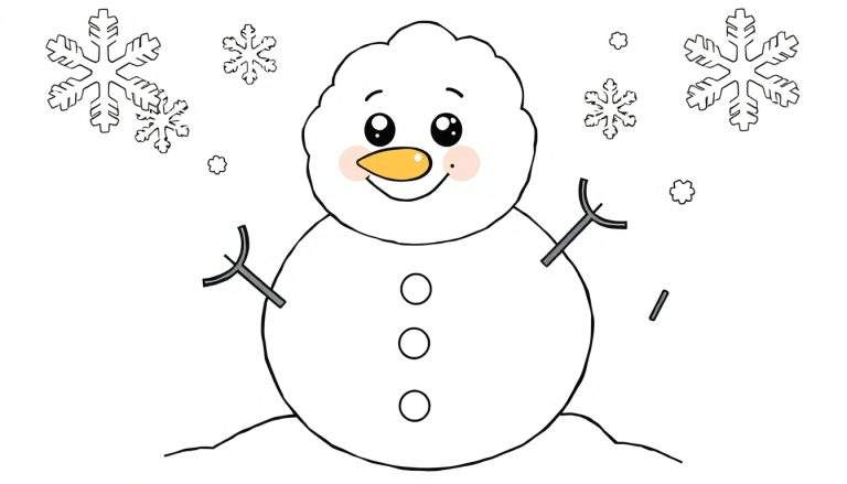 A black and white snowman coloring page with a carrot nose, button eyes, and snowflakes, perfect for a color panel.