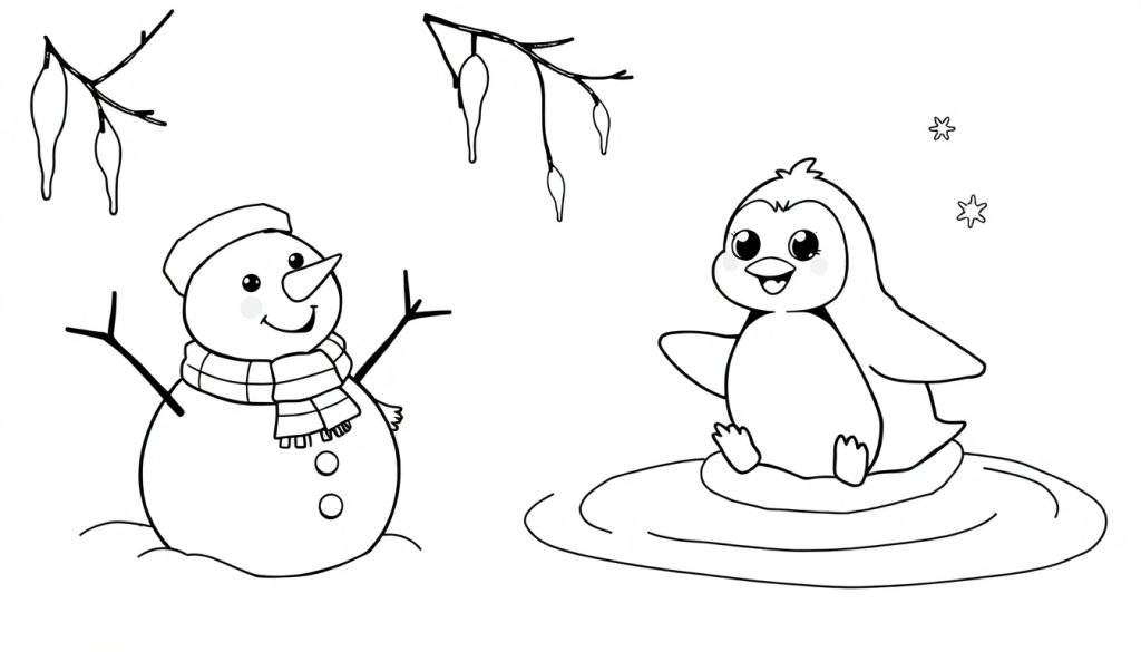 A black and white coloring page of a happy snowman and a cute penguin in a winter scene. This color panel is ready for fun!