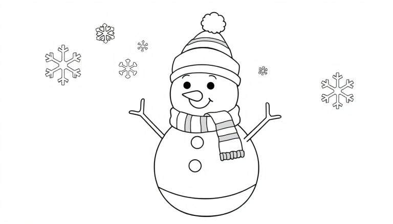 A charming black and white coloring panel of a happy snowman with a hat and scarf, surrounded by falling snowflakes.