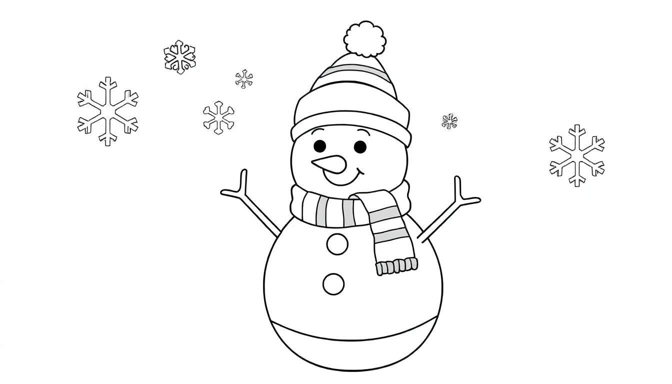 A charming black and white coloring panel of a happy snowman with a hat and scarf, surrounded by falling snowflakes.