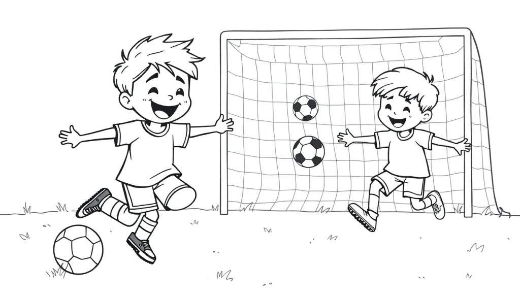 Black and white coloring page of two boys playing soccer, one scoring a goal. Color panel.