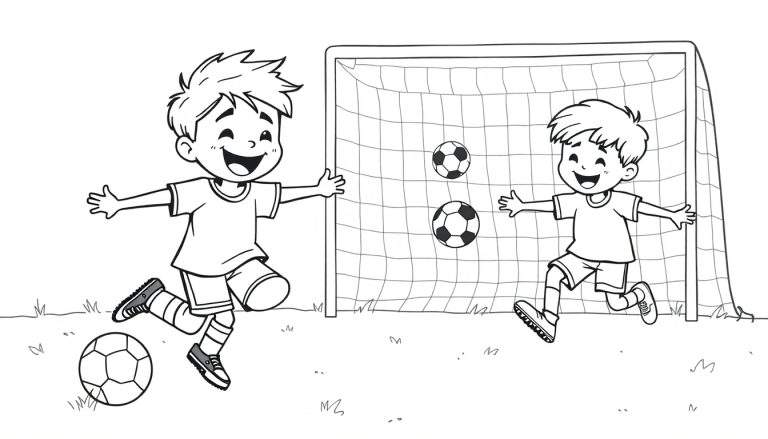 Black and white coloring page of two boys playing soccer, one scoring a goal. Color panel.