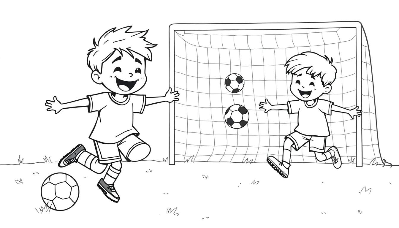 Black and white coloring page of two boys playing soccer, one scoring a goal. Color panel.