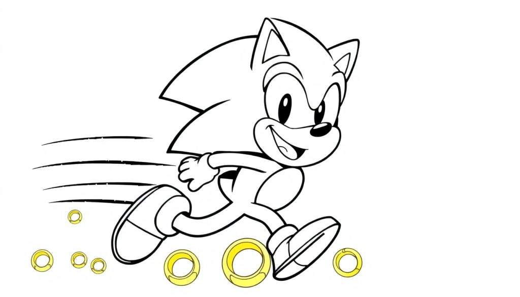 Sonic the Hedgehog running in a black and white color panel, with golden rings and speed lines.