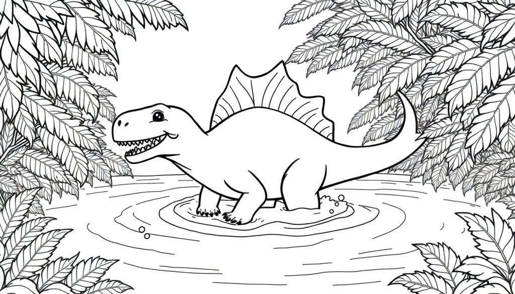 A friendly cartoon Spinosaurus with a big sail on its back, standing in water with bubbles and ripples, surrounded by lush jungle plants. This is a black and white line drawing, perfect for a coloring panel.