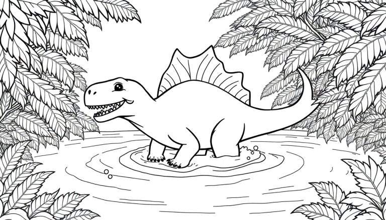 A friendly cartoon Spinosaurus with a big sail on its back, standing in water with bubbles and ripples, surrounded by lush jungle plants. This is a black and white line drawing, perfect for a coloring panel.
