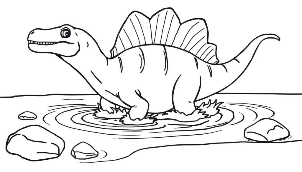 A cartoon Spinosaurus with a sail is splashing in a river, like a fun color panel.