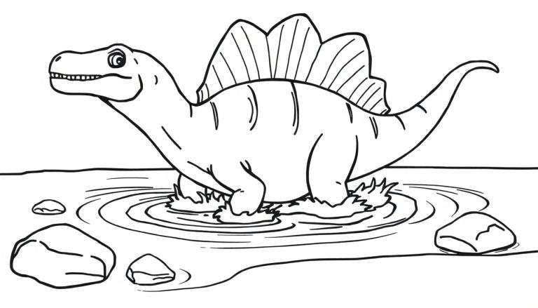 A cartoon Spinosaurus with a sail is splashing in a river, like a fun color panel.