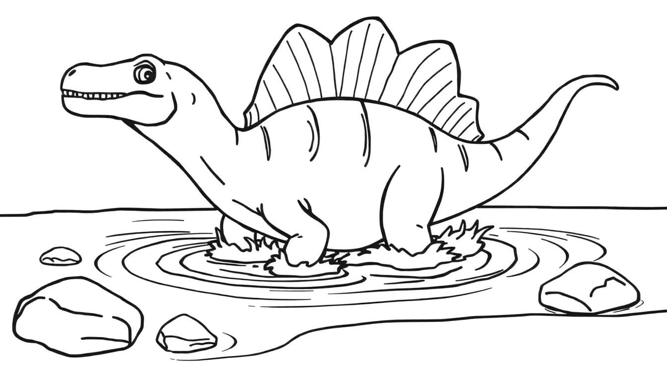 A cartoon Spinosaurus with a sail is splashing in a river, like a fun color panel.