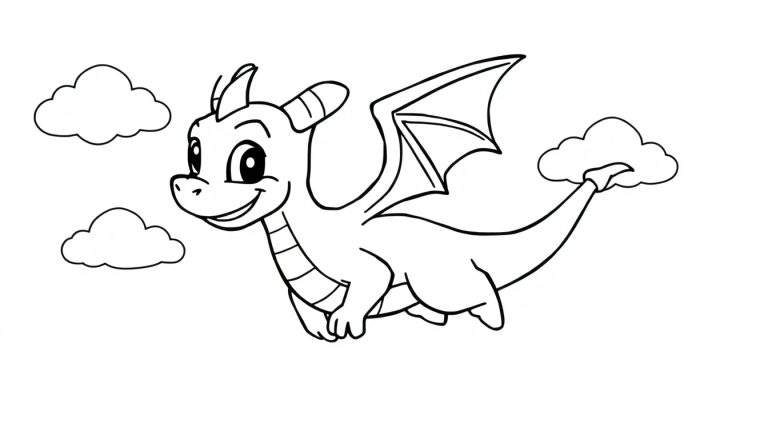 Cute dragon coloring panel flying among clouds.