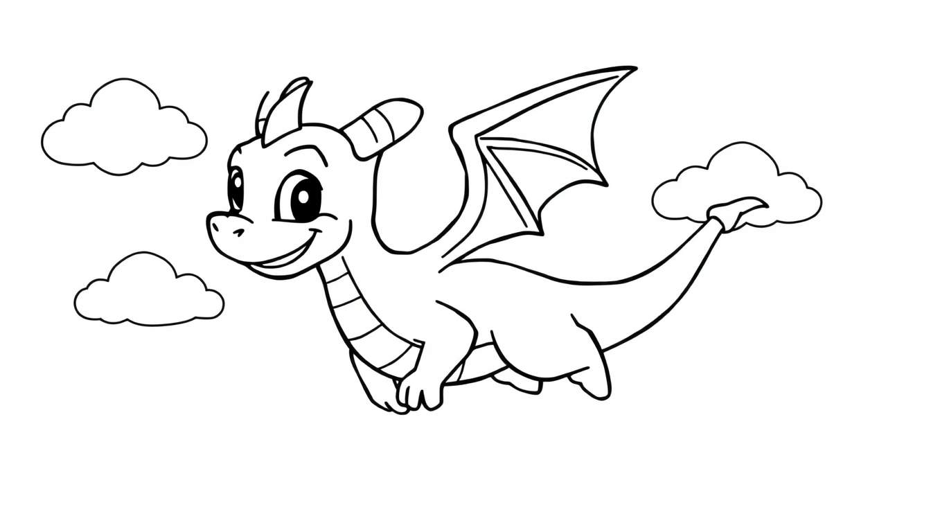 Cute dragon coloring panel flying among clouds.