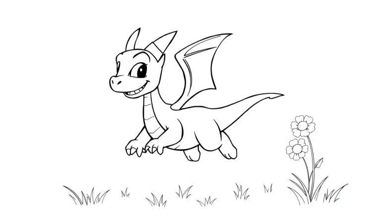 A cute cartoon dragon in a black and white color panel.