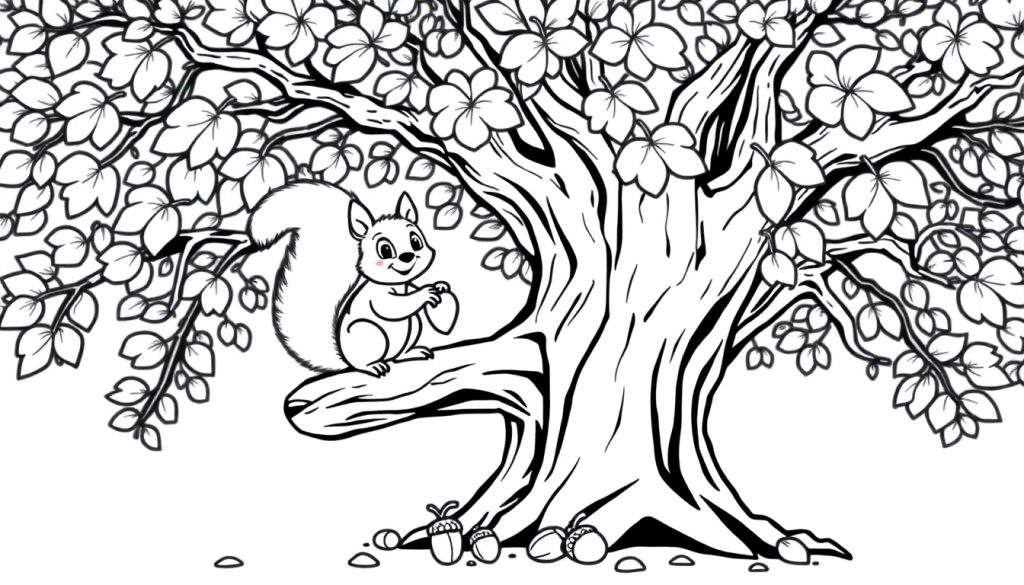 A black and white cartoon squirrel holding an acorn in a tree, ready for coloring panel.