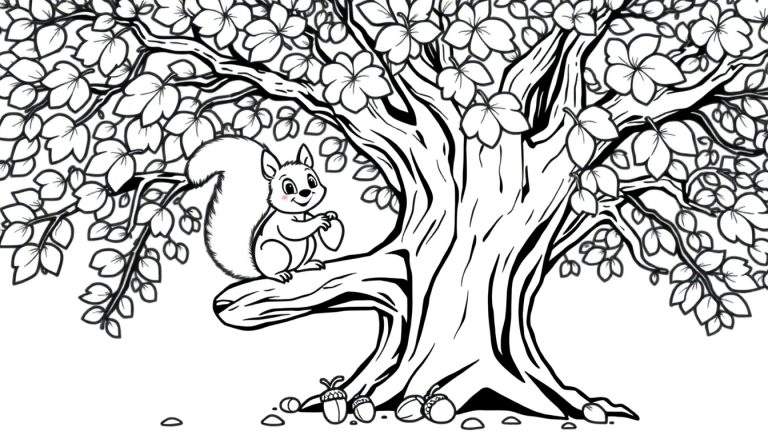 A black and white cartoon squirrel holding an acorn in a tree, ready for coloring panel.