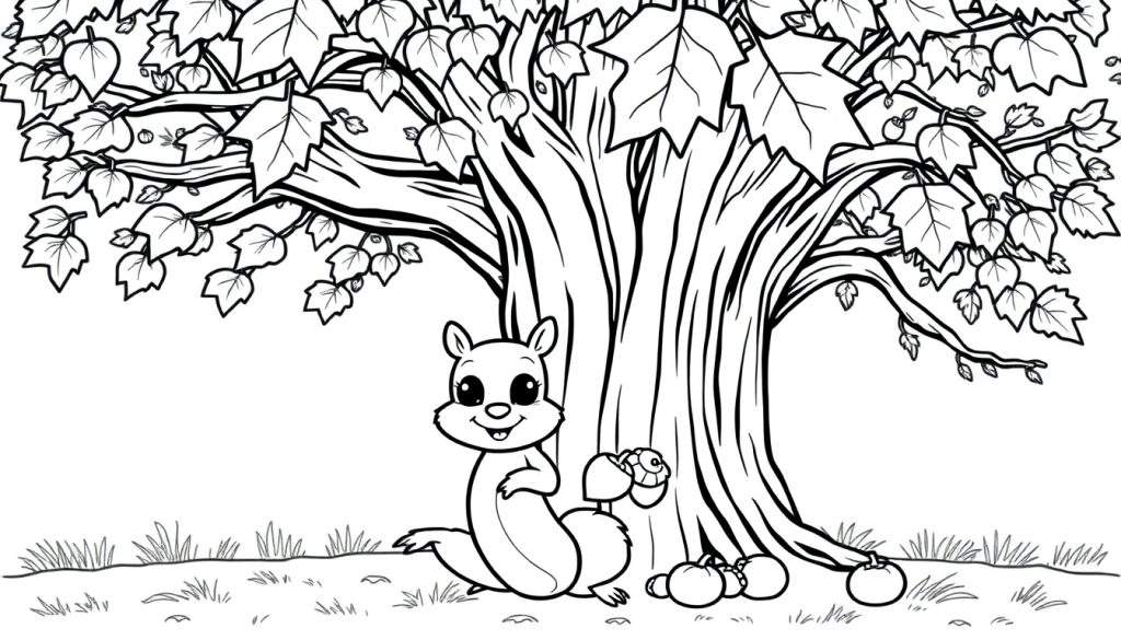 A cute squirrel is happily holding an acorn, ready to be colored in this black and white cartoon color panel.