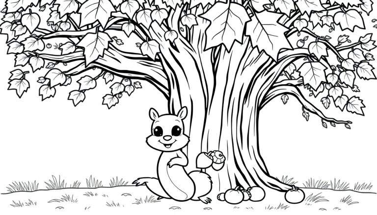 A cute squirrel is happily holding an acorn, ready to be colored in this black and white cartoon color panel.