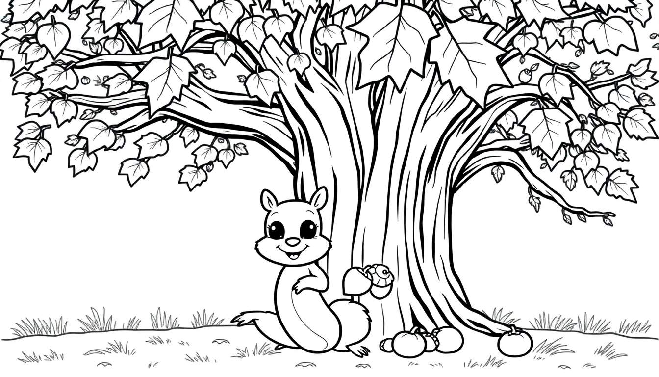 A cute squirrel is happily holding an acorn, ready to be colored in this black and white cartoon color panel.