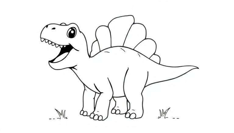 A black and white cartoon Stegosaurus with its mouth open, ready for a color panel.