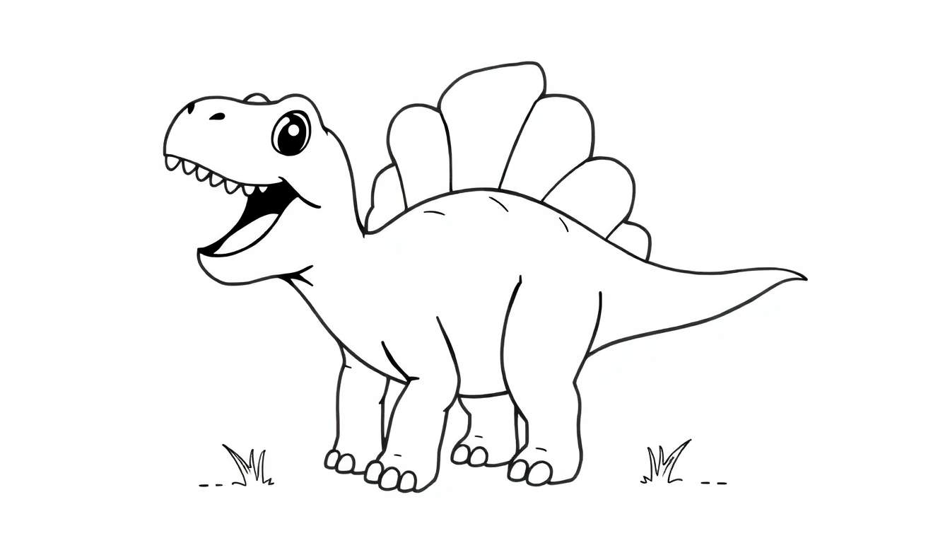 A black and white cartoon Stegosaurus with its mouth open, ready for a color panel.