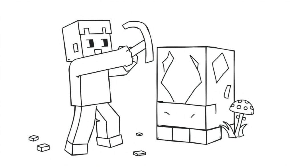 A cute Minecraft Steve in a black and white color panel drawing, mining a diamond ore block with his pickaxe.