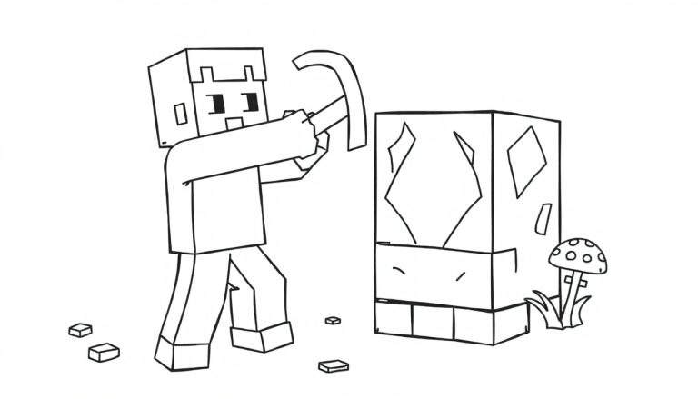 A cute Minecraft Steve in a black and white color panel drawing, mining a diamond ore block with his pickaxe.