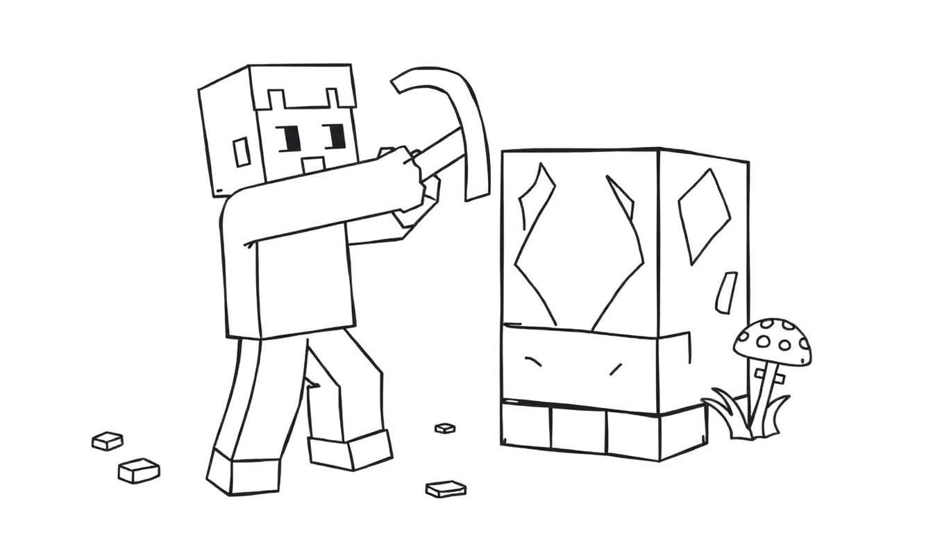 A cute Minecraft Steve in a black and white color panel drawing, mining a diamond ore block with his pickaxe.