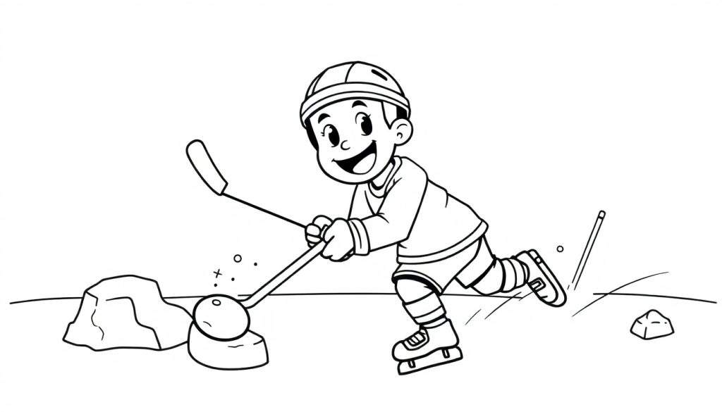 A fun color panel of a young street hockey player on roller skates. Color panel.
