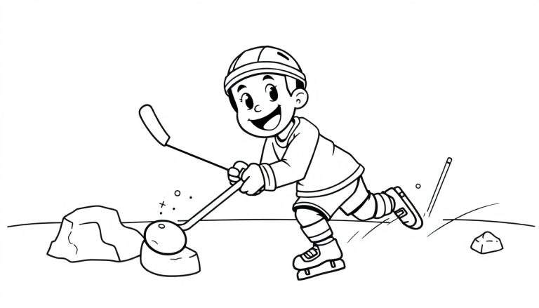 A fun color panel of a young street hockey player on roller skates. Color panel.