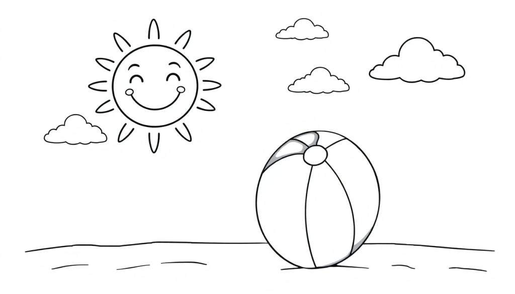 A sunny beach scene in a black and white color panel for kids, featuring a smiling sun, clouds, and a beach ball.
