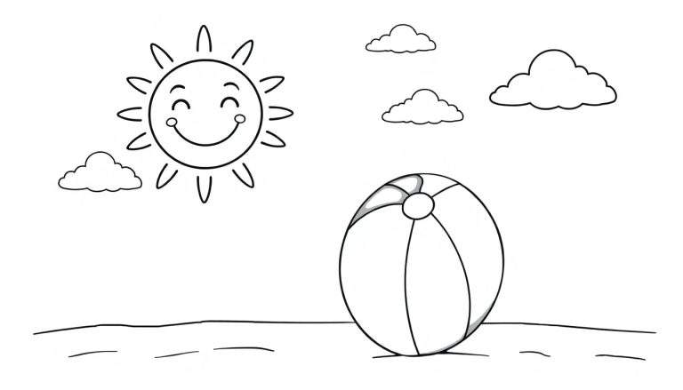 A sunny beach scene in a black and white color panel for kids, featuring a smiling sun, clouds, and a beach ball.