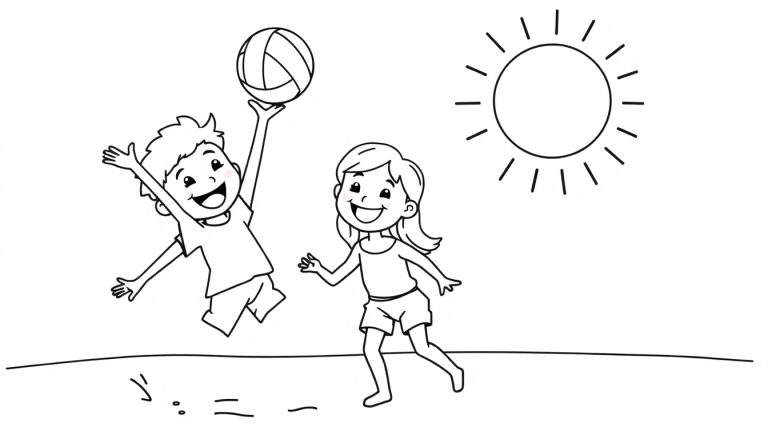 A cute black and white color panel of happy kids playing volleyball on a sunny beach.