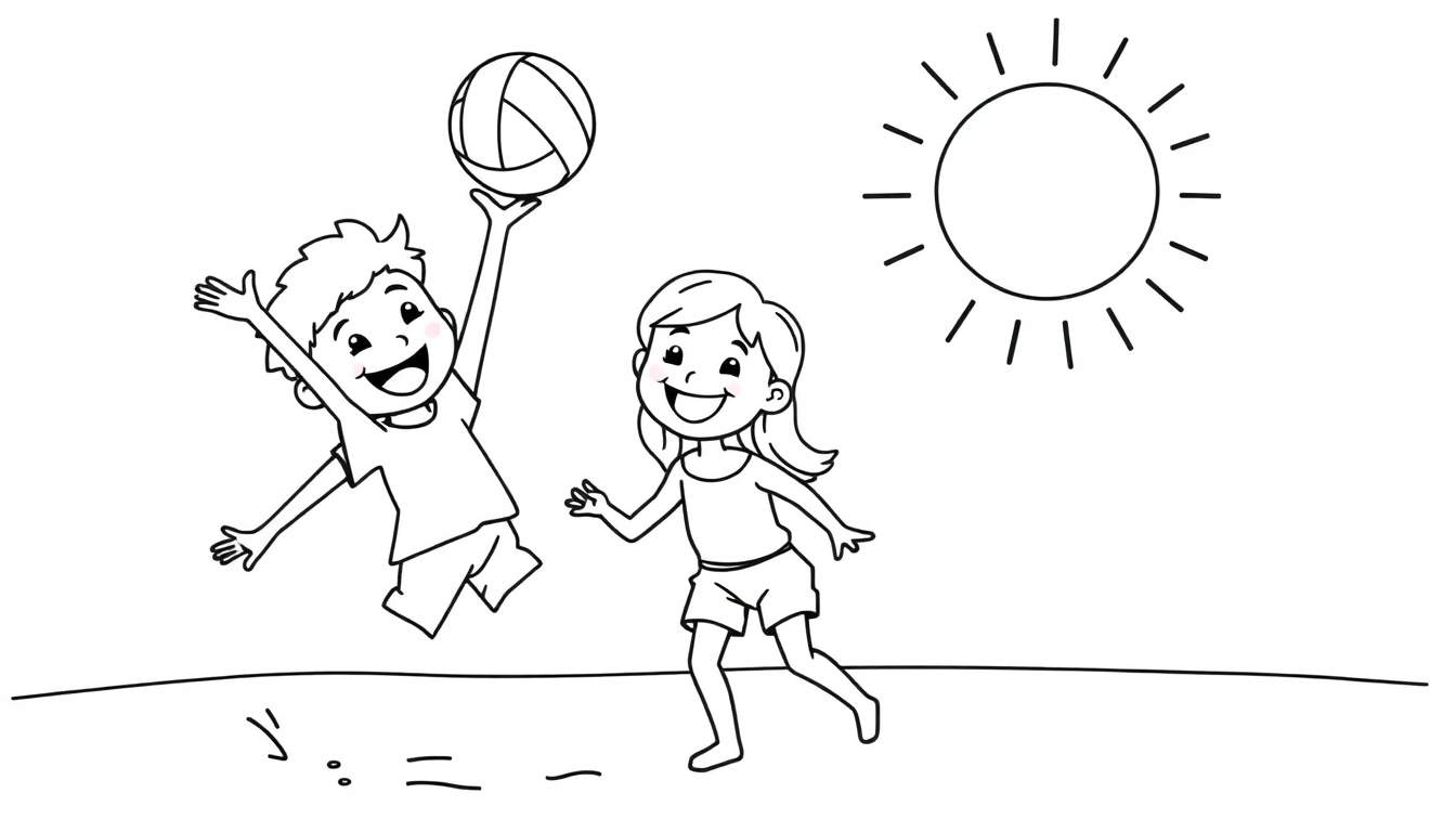 A cute black and white color panel of happy kids playing volleyball on a sunny beach.
