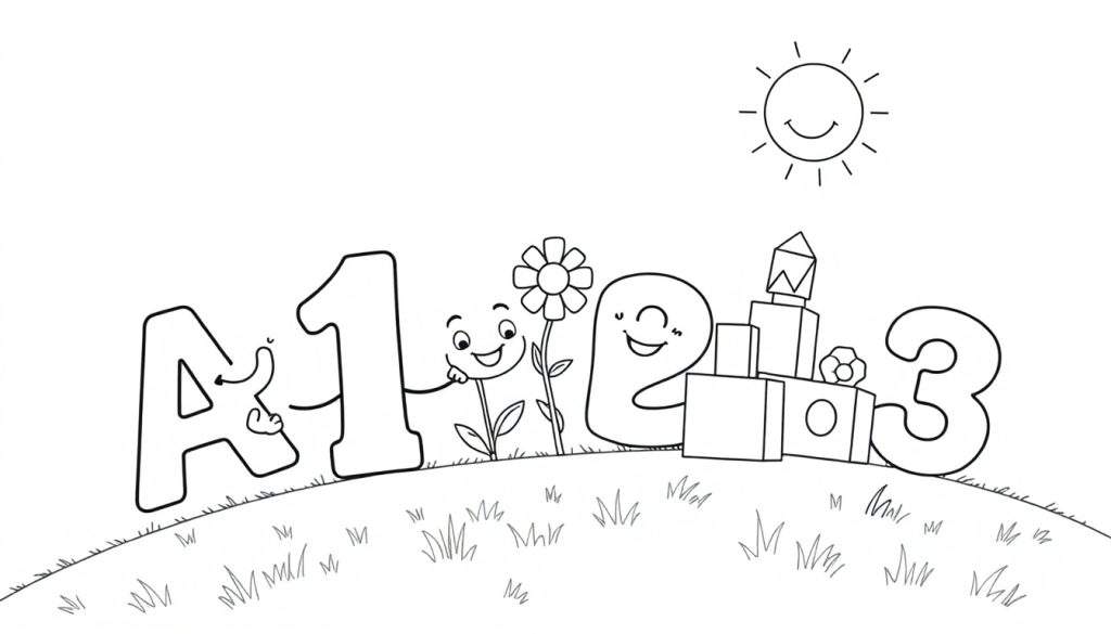 A black and white cartoon color panel featuring the letter A, numbers 1, 2, 3, and a smiling sun, with the numbers and letters interacting.
