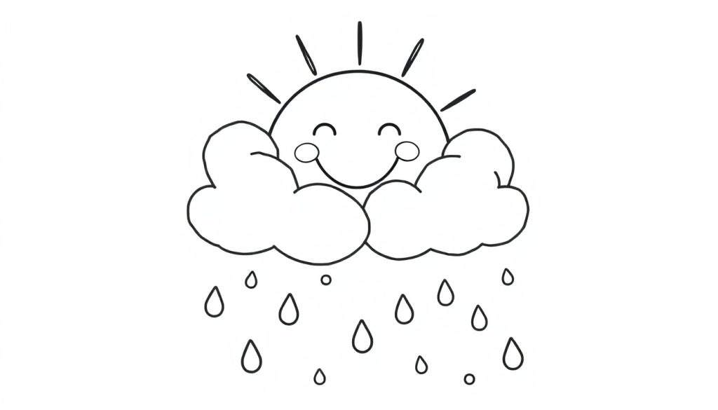 A cheerful sun with a smile and rosy cheeks peeking from behind two fluffy clouds, with raindrops falling below. This black and white color panel is ready for fun!