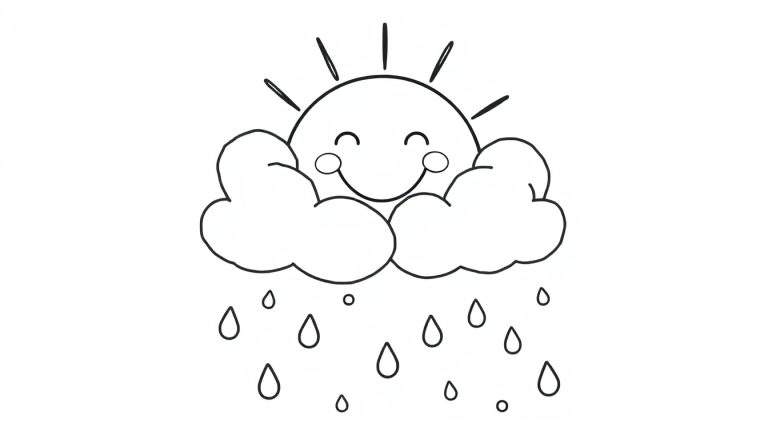 A cheerful sun with a smile and rosy cheeks peeking from behind two fluffy clouds, with raindrops falling below. This black and white color panel is ready for fun!