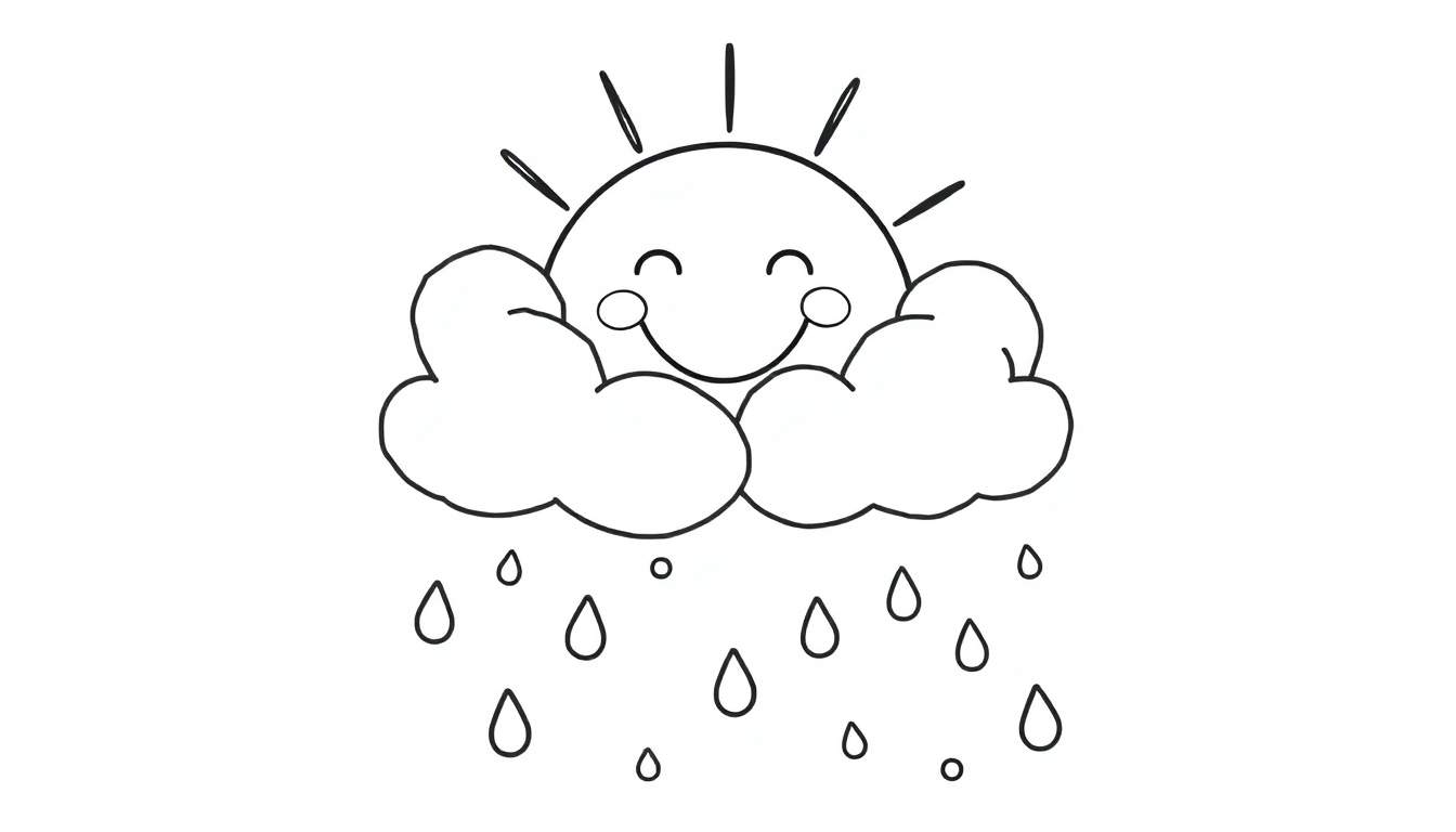 A cheerful sun with a smile and rosy cheeks peeking from behind two fluffy clouds, with raindrops falling below. This black and white color panel is ready for fun!
