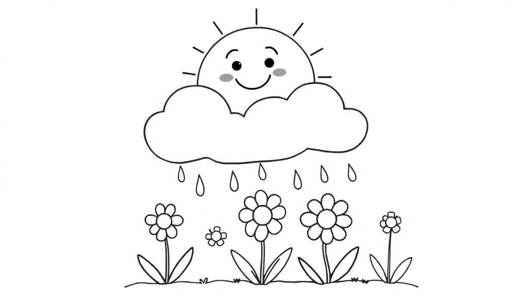 A black and white cartoon drawing of a smiling sun with rays and a cloud with raindrops falling on flowers, ready for a color panel.