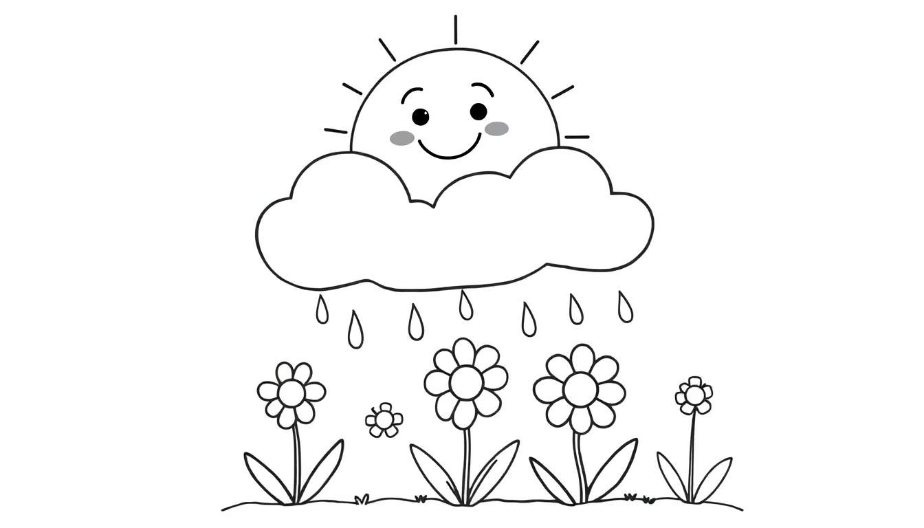 A black and white cartoon drawing of a smiling sun with rays and a cloud with raindrops falling on flowers, ready for a color panel.