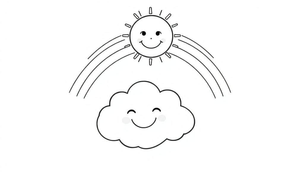 A black and white coloring page with a smiling sun, a rainbow, and a smiling cloud. All elements are outlined in black with white fill, perfect for a color panel.