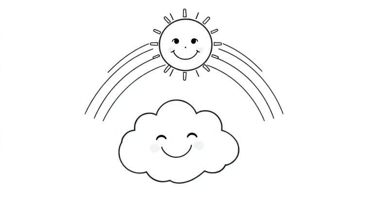 A black and white coloring page with a smiling sun, a rainbow, and a smiling cloud. All elements are outlined in black with white fill, perfect for a color panel.
