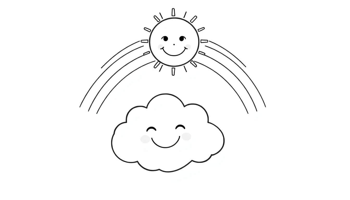 A black and white coloring page with a smiling sun, a rainbow, and a smiling cloud. All elements are outlined in black with white fill, perfect for a color panel.