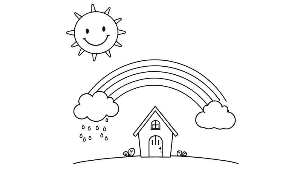 A black and white color panel drawing of a happy sun, clouds with raindrops, a rainbow, and a small house, ready for coloring.