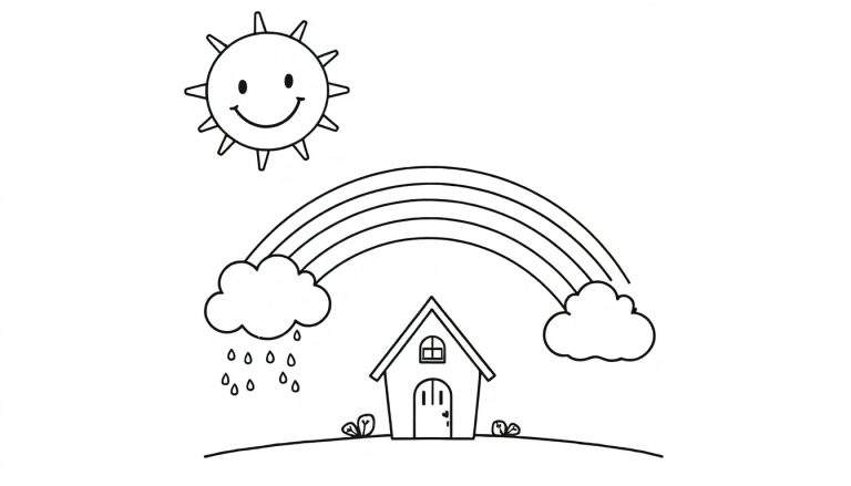A black and white color panel drawing of a happy sun, clouds with raindrops, a rainbow, and a small house, ready for coloring.