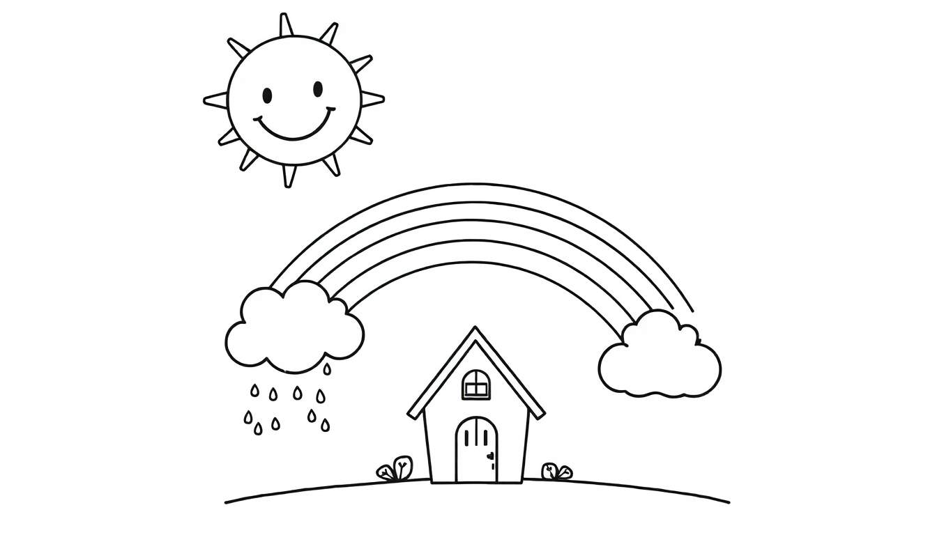 A black and white color panel drawing of a happy sun, clouds with raindrops, a rainbow, and a small house, ready for coloring.