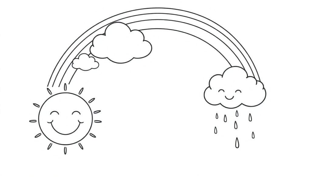 A black and white cartoon color panel showing a smiling sun with rays, a rainbow, and a friendly rain cloud with raindrops.