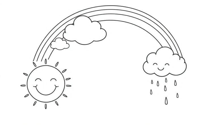 A black and white cartoon color panel showing a smiling sun with rays, a rainbow, and a friendly rain cloud with raindrops.