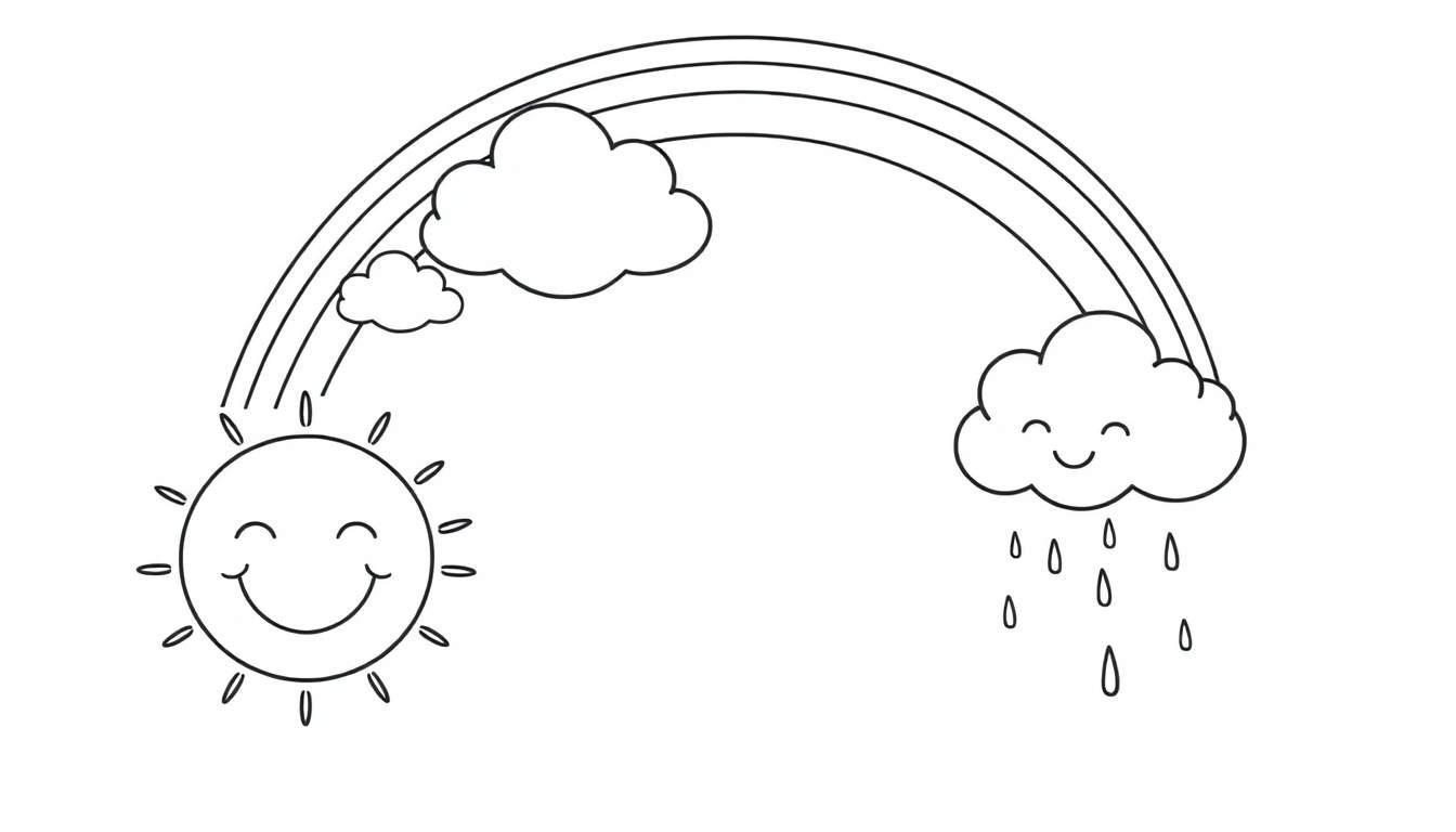 A black and white cartoon color panel showing a smiling sun with rays, a rainbow, and a friendly rain cloud with raindrops.
