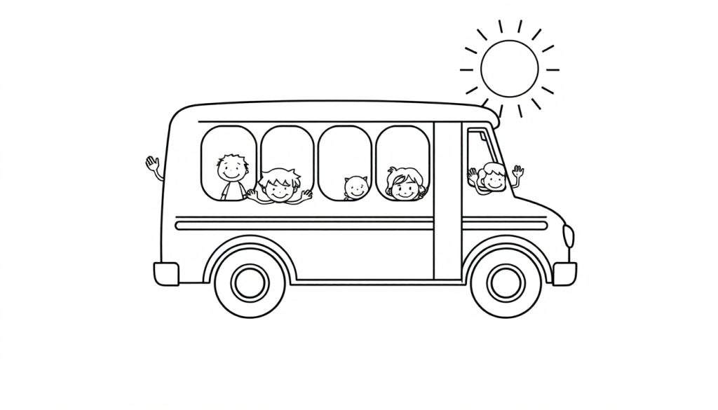 A black and white school bus illustration, ready for coloring, with happy children waving from its windows under a sunny sky. This color panel awaits your artistic touch!