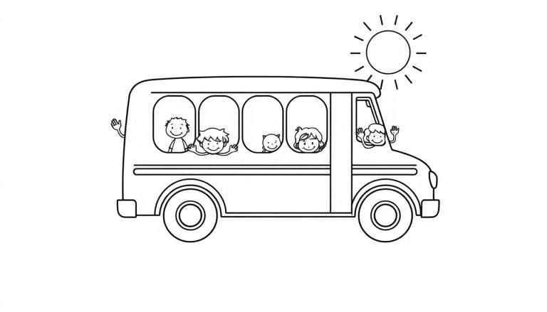 A black and white school bus illustration, ready for coloring, with happy children waving from its windows under a sunny sky. This color panel awaits your artistic touch!