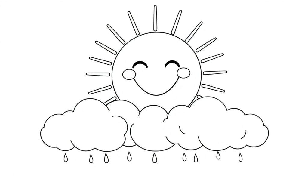 A cute sun smiling in a black and white coloring panel, partially hidden by fluffy clouds with gentle raindrops.